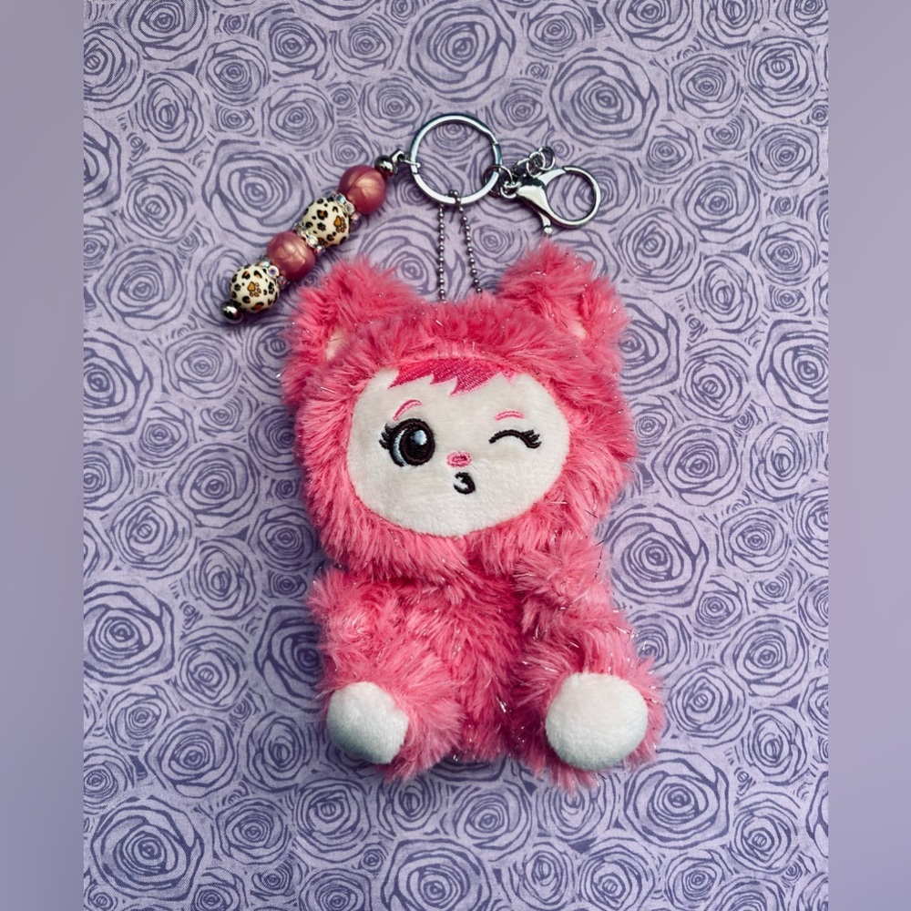 Adorable Plush Pink Sparkling Creature Fuzzy Keychain Bag Clip